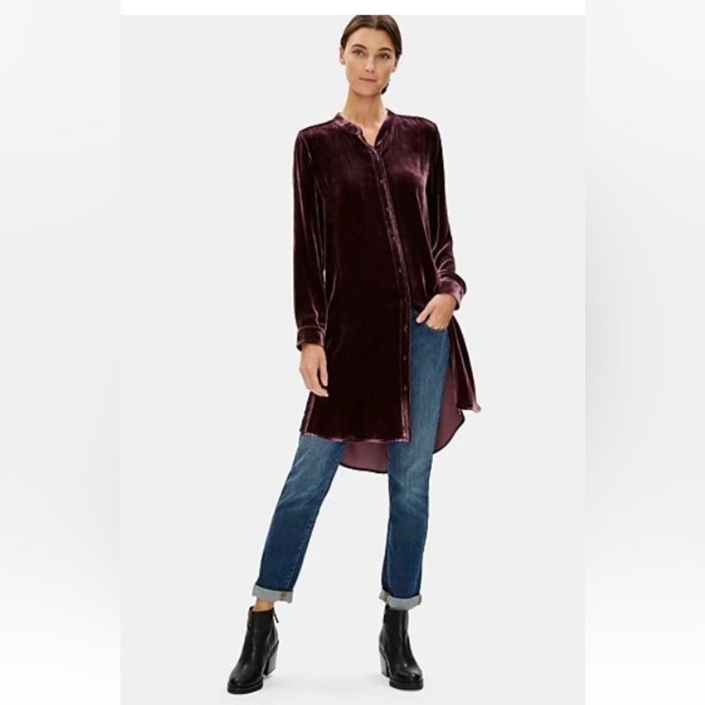 Eileen Fisher Casis Wine Mandarin Collar Long Shirt Dress Sz Small Silk Velvet